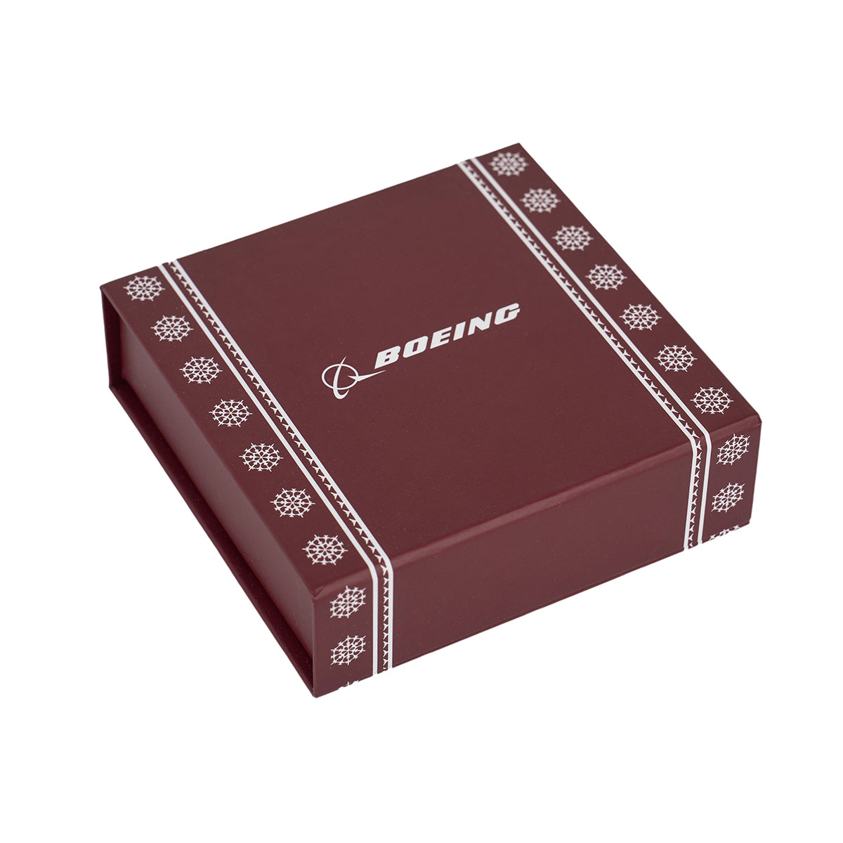Maroon square gift box with white traditional patterns on the edges, featuring the BOEING logo at the center—ideal for presenting a holiday gift like the Boeing 2025 Jet Snowflake Ornament.