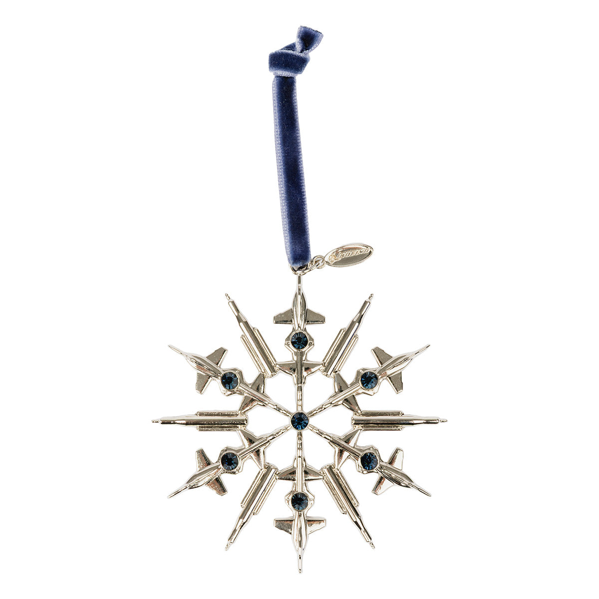 Add a touch of aerospace elegance to your holiday décor with the BOEING Defense & Space 2026 Jet Snowflake Ornament—a silver snowflake adorned with blue gems and jet plane shapes, hanging from a blue velvet ribbon with a small metal tag attached. This unique ornament is the perfect festive accent for any aviation enthusiast.