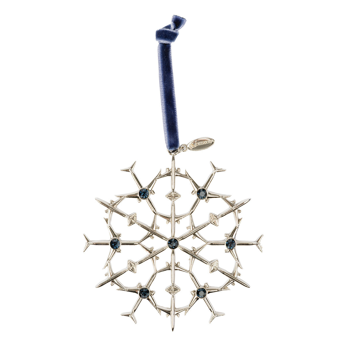 A silver snowflake ornament adorned with dark blue gems hangs from a rich blue velvet ribbon. A small metal tag is attached near the top of the ribbon, making this Boeing Commercial 2026 Jet Snowflake Ornament a unique keepsake for aviation enthusiasts—a perfect tribute to iconic aircraft like the Boeing 777X or Boeing 737 MAX.