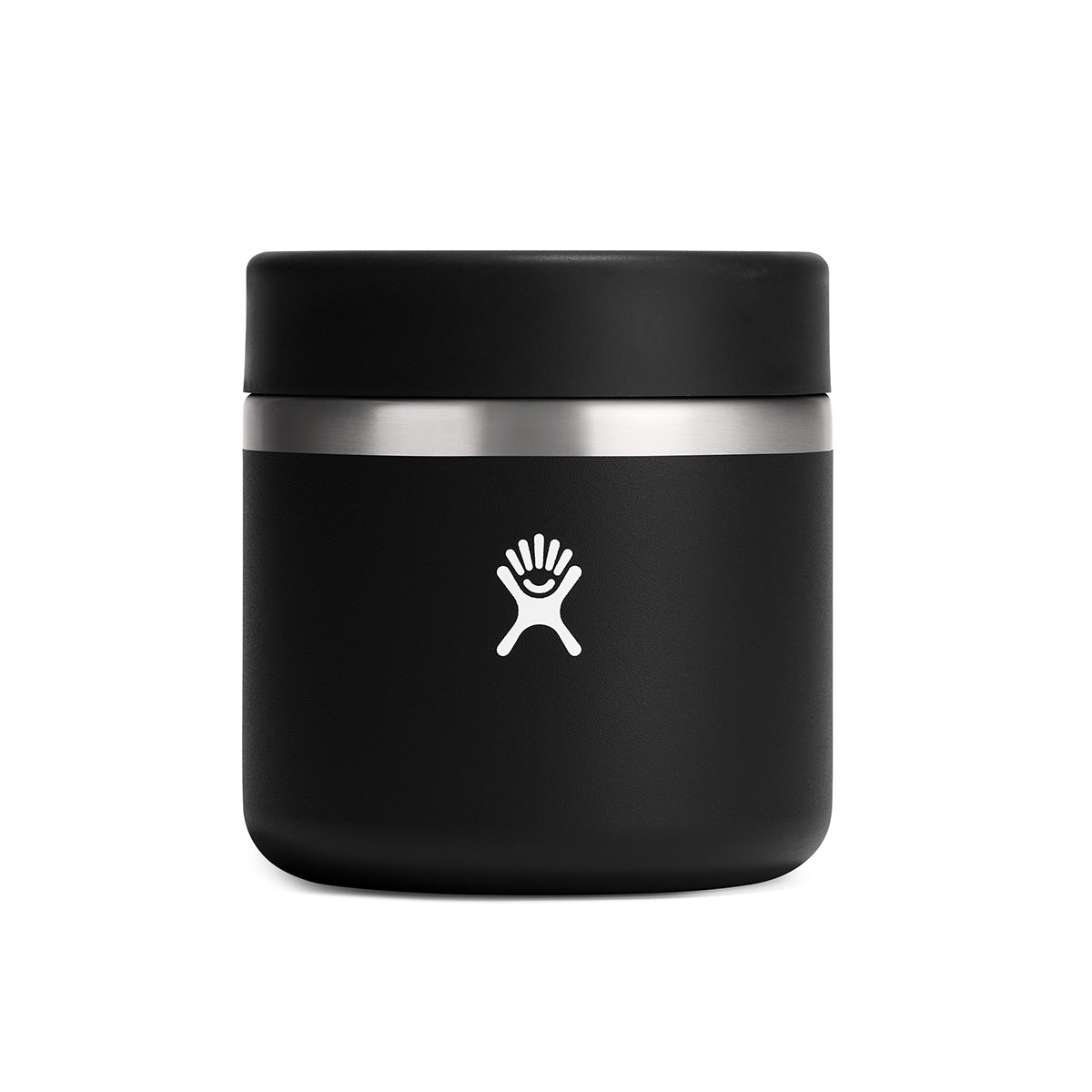 A black Hydroflask Boeing 20 oz Food Jar by BOEING features TempShield insulation, a matte finish, silver band near the lid, and a white stylized hand logo centered on a plain white background.