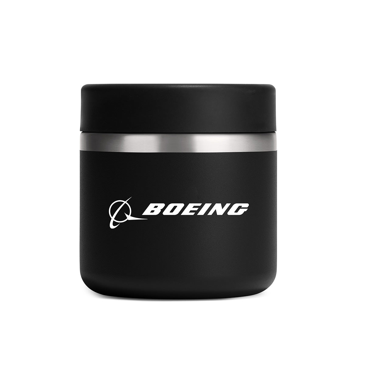 The Hydroflask Boeing 20 oz Food Jar by BOEING is a black, matte-finish insulated jar with a silver accent band and white Boeing logo, featuring advanced TempShield technology, displayed against a plain white background.