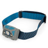 The NITE IZE Radiant RH2 Powerswitch Rechargeable Headlamp, in gray with a blue and black adjustable strap, features a central LED flanked by two smaller lights. This 700-lumen headlamp is shown on a plain white background.
