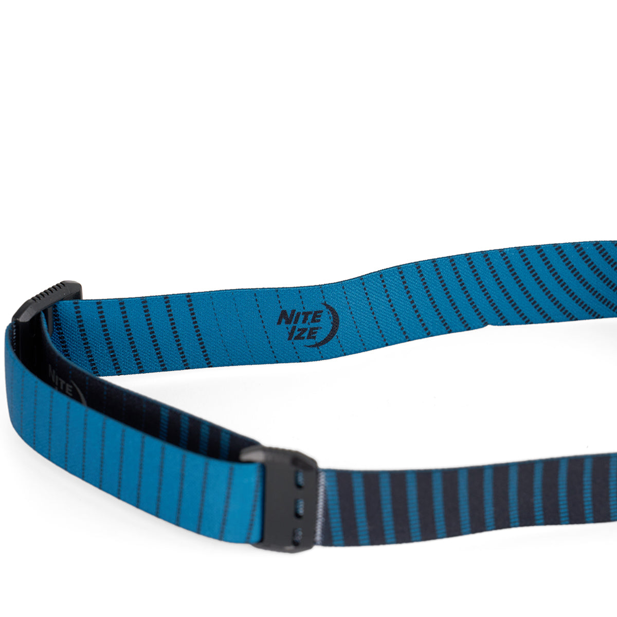 A blue, adjustable NITE IZE strap with black stripes and buckle, featuring the logo—designed for the Nite Ize Radiant RH2 Powerswitch Rechargeable Headlamp with 700-lumen advanced PowerSwitch technology.