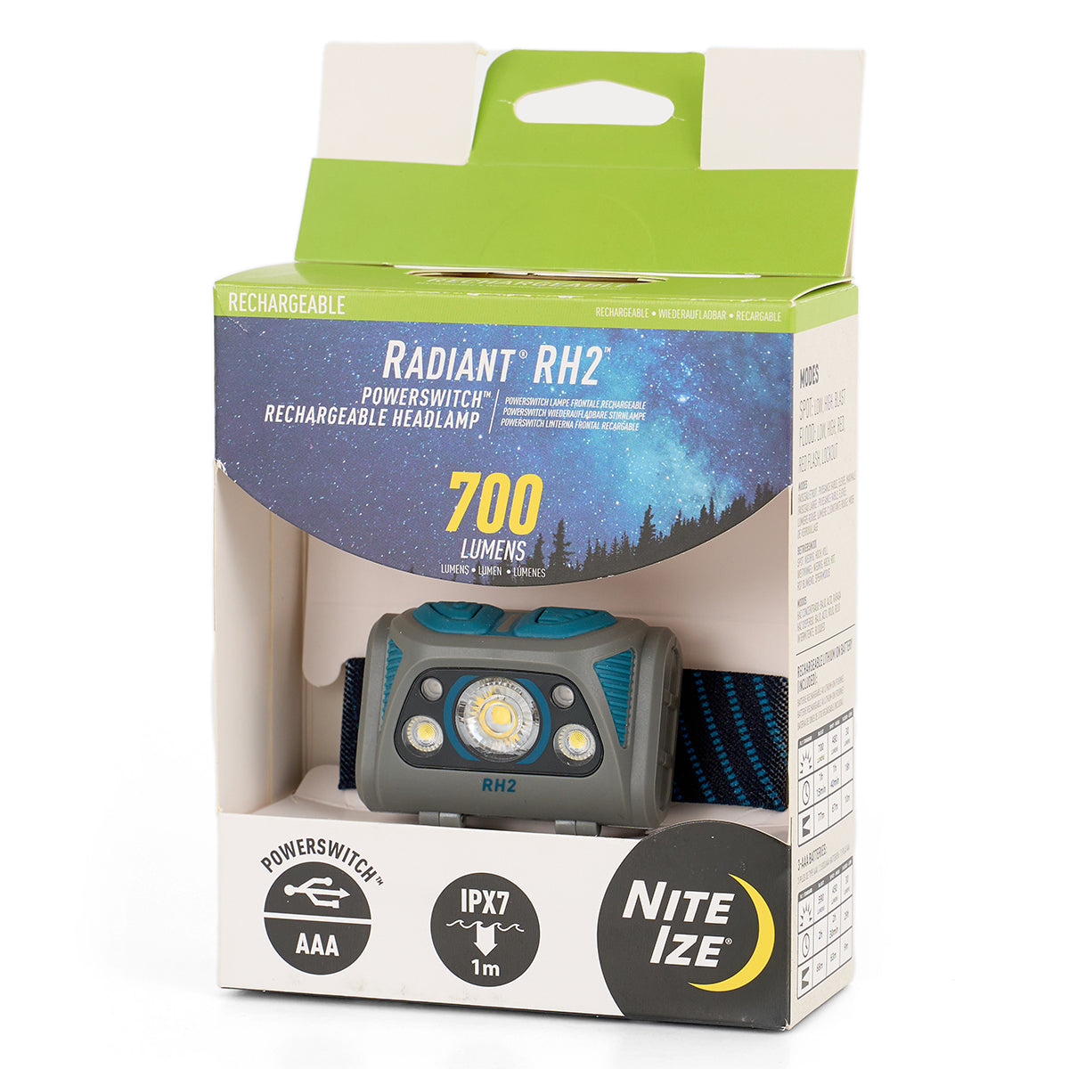 The NITE IZE Radiant RH2 Powerswitch Rechargeable Headlamp offers 700 lumens, PowerSwitch technology, IPX7 water resistance, AAA compatibility, and a blue and gray design.