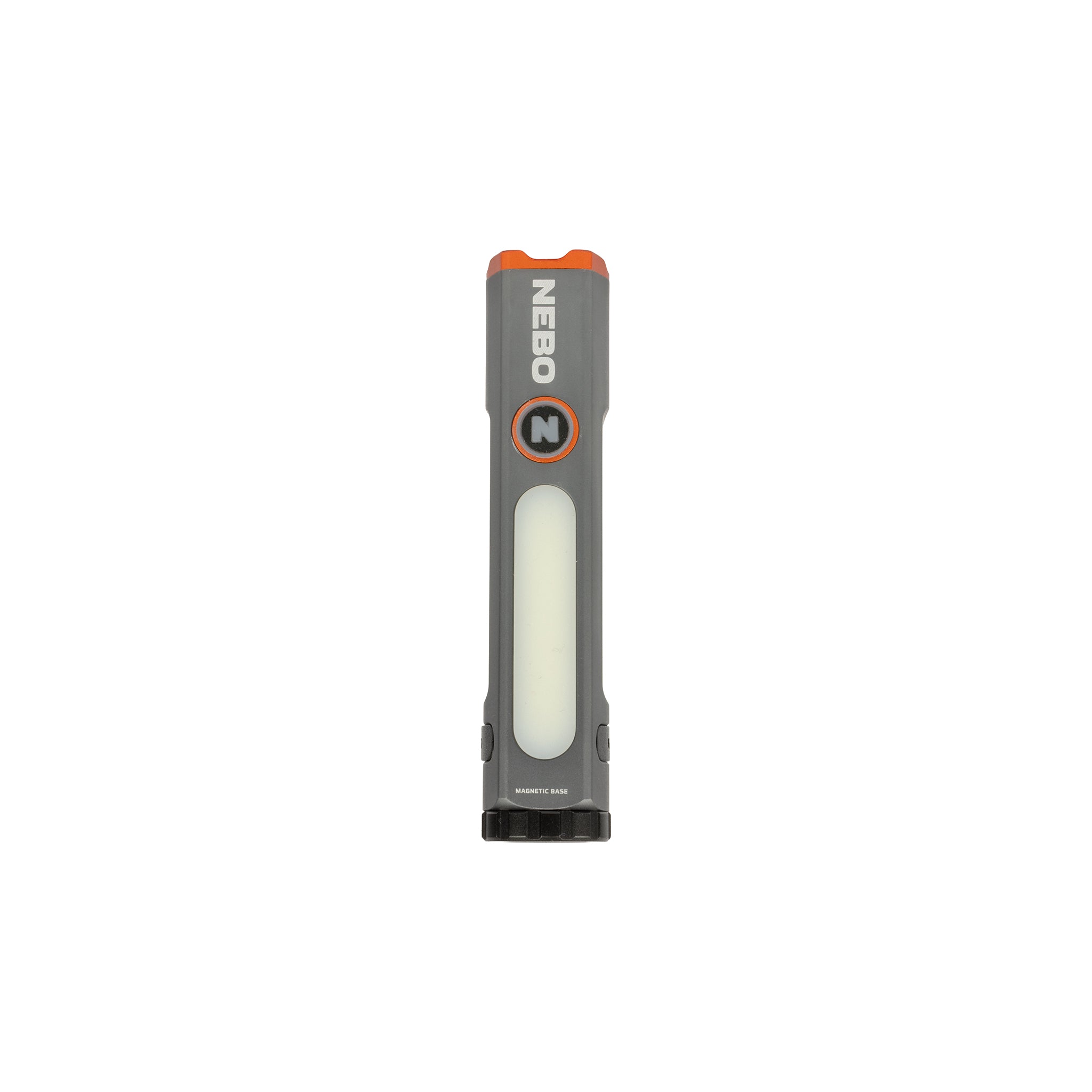 A gray and orange Boeing-branded Mini Larry flashlight with a rectangular body and rounded ends, featuring a magnetic base, is displayed vertically on a white background.