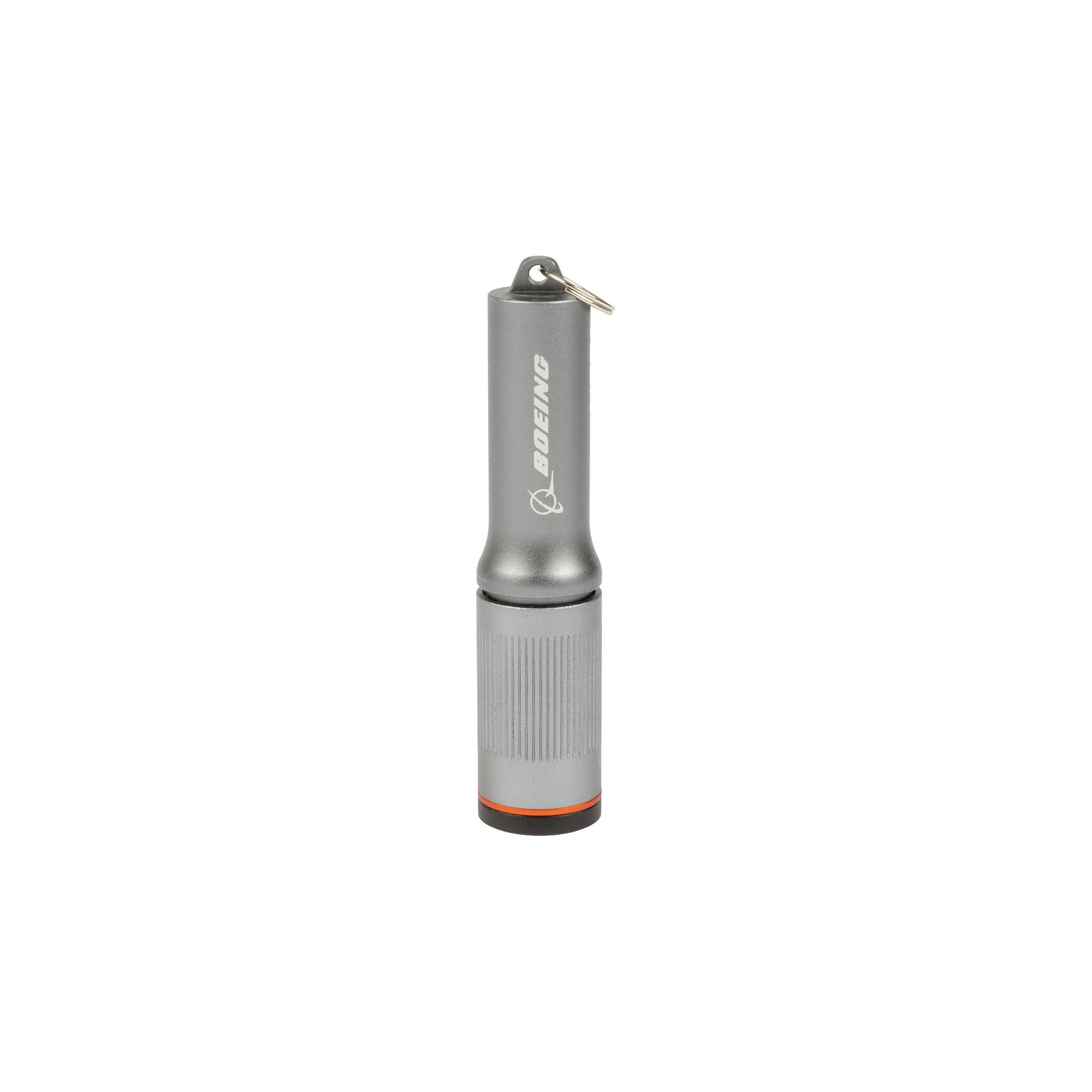 A compact, silver NEBO Boeing Columbo Key Flashlight by BOEING features a cylindrical aircraft-grade aluminum body and a keyring attachment at the top, shown standing upright on a white background.