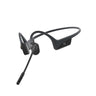 The Boeing Aftershokz OpenComm Headphones are sleek, black bone conduction headsets with a noise-canceling boom mic and flexible wraparound band. They sit comfortably behind the head, with an open-ear design and small pads for clear audio transmission.