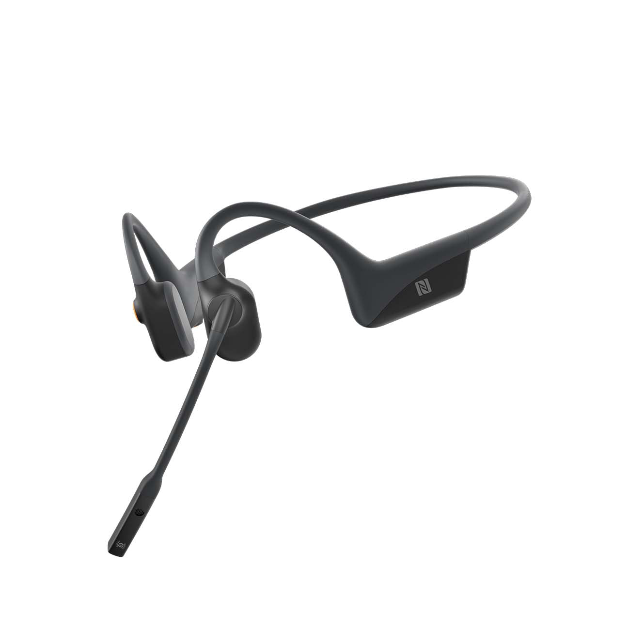 The Boeing Aftershokz OpenComm Headphones are sleek, black bone conduction headsets with a noise-canceling boom mic and flexible wraparound band. They sit comfortably behind the head, with an open-ear design and small pads for clear audio transmission.