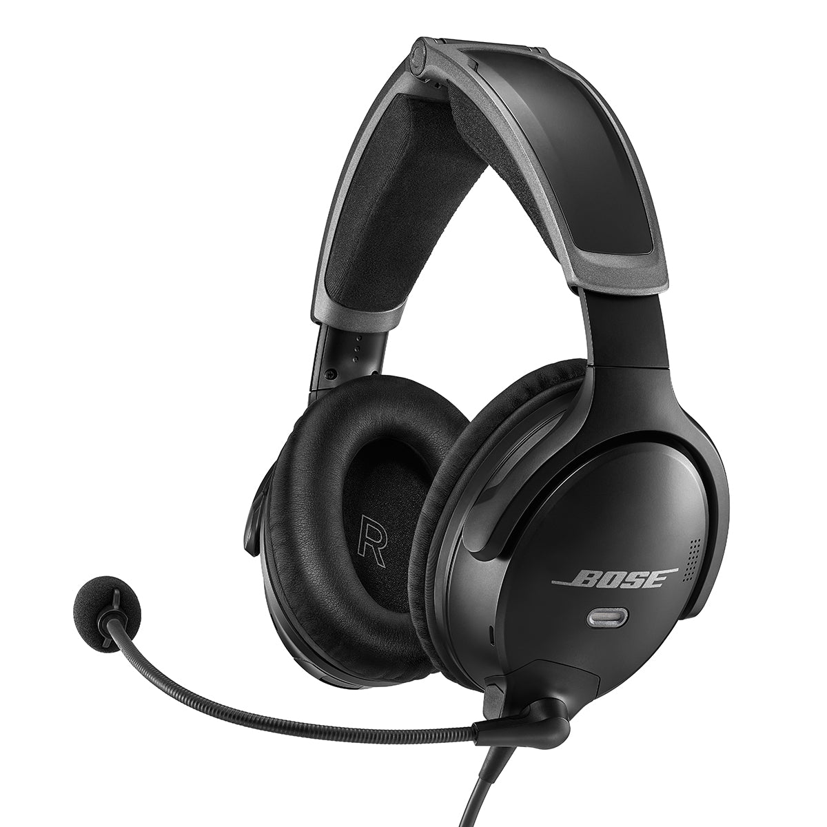The Bose A30 Aviation Headset with Bluetooth features padded ear cups, an adjustable headband, active noise cancellation, and a flexible boom microphone for excellent audio clarity. Its sleek black design includes the BOSE logo on the ear cup, ensuring top-notch communication for pilots.