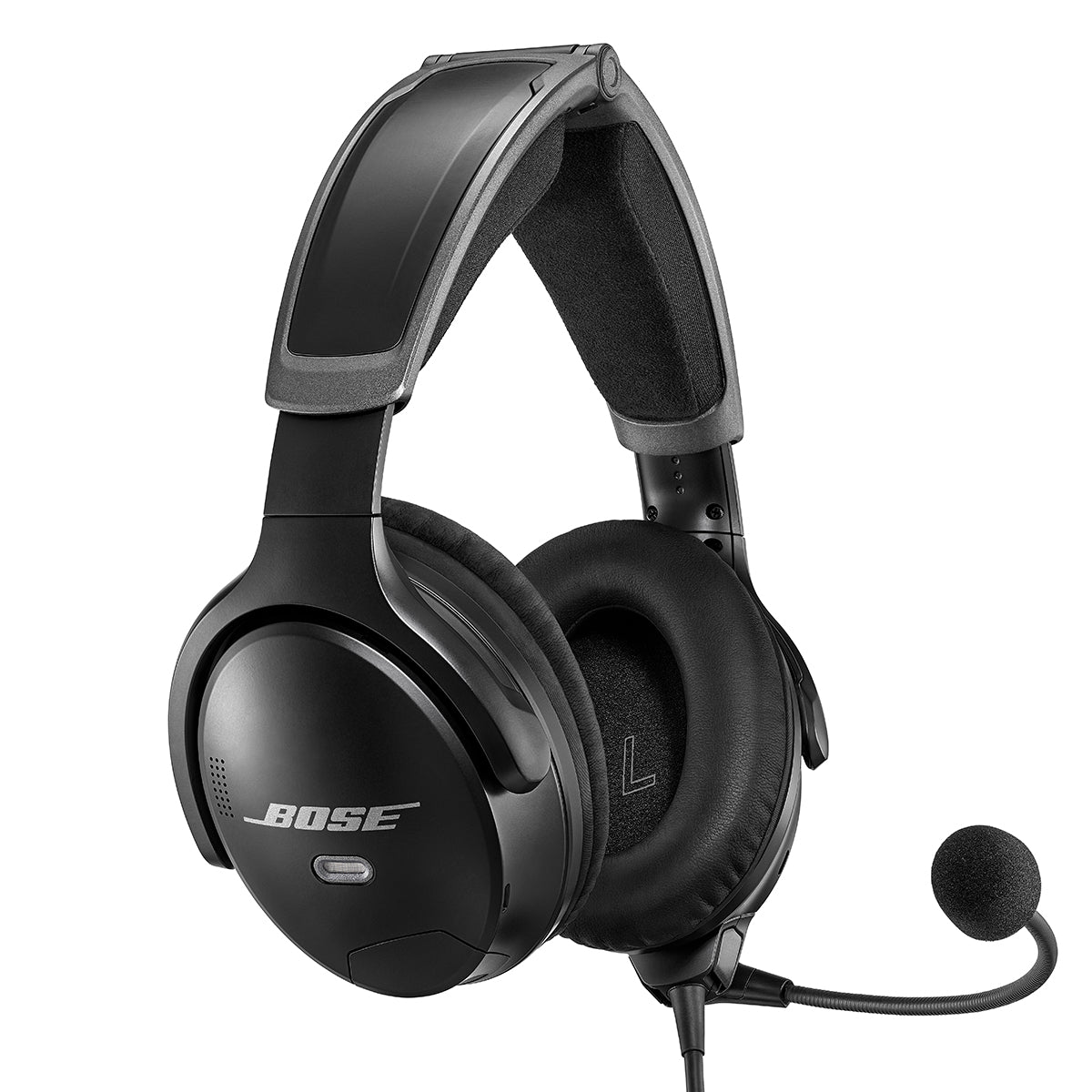The black Bose A30 Aviation Headset with Bluetooth features active noise cancellation, a padded headband, large cushioned ear cups, and a boom microphone. The wired design ensures excellent audio clarity, while the BOSE logo decorates one side.
