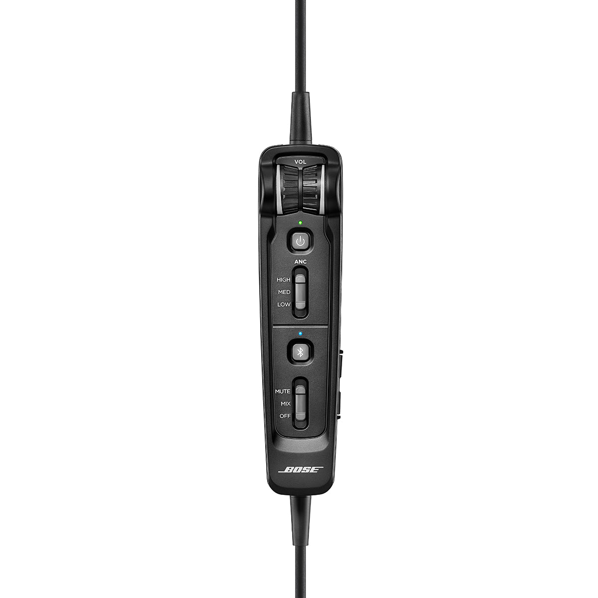 A close-up of the Bose A30 Aviation Headsets black control module reveals volume controls, an ANC switch with high, medium, and low settings for audio clarity, and a mute button with an off switch. This epitomizes the precision of BOSEs wired aviation headset with Bluetooth.