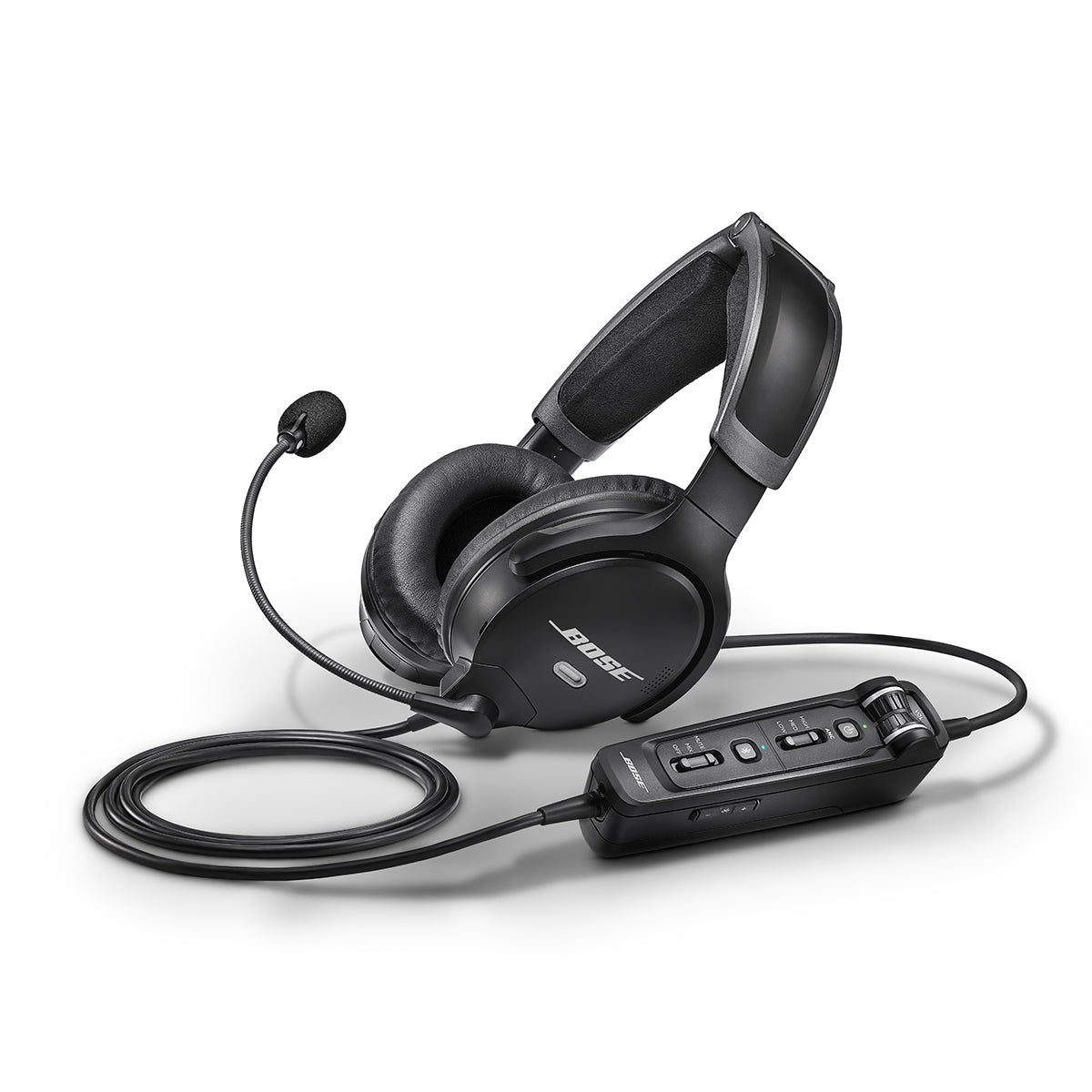 The BOSE A30 Aviation Headset with Bluetooth includes a boom mic, inline control with buttons and volume knob, padded cushions, adjustable headband, and active noise cancellation. Its sleek black design and coiled cable ensure comfort on long flights.