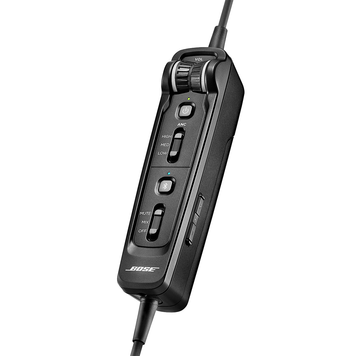 This sleek black Bose A30 Aviation Headset with Bluetooth features a volume knob, ANC switch for noise cancellation, Bluetooth button, and mic mute switch. The BOSE logo is prominently displayed at the bottom alongside its connected cable.