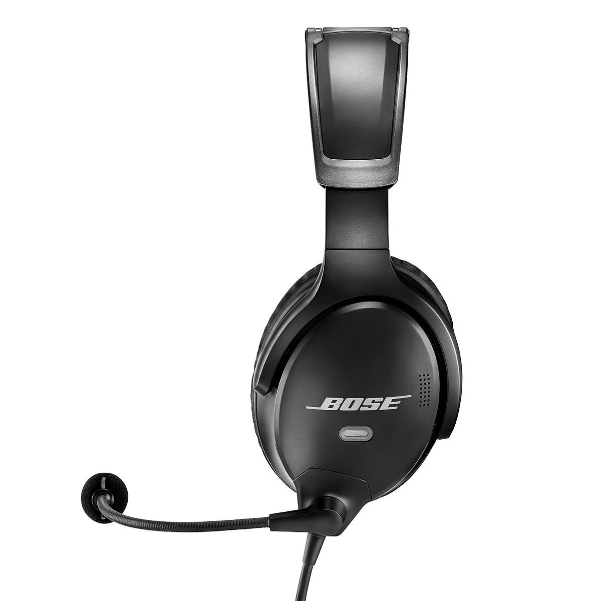 Side view of a black Bose A30 Aviation Headset with Bluetooth featuring cushioned ear cups and an adjustable headband. Renowned for audio clarity, it offers active noise cancellation, with a microphone on a boom arm from the left side. The BOSE logo is prominently displayed.