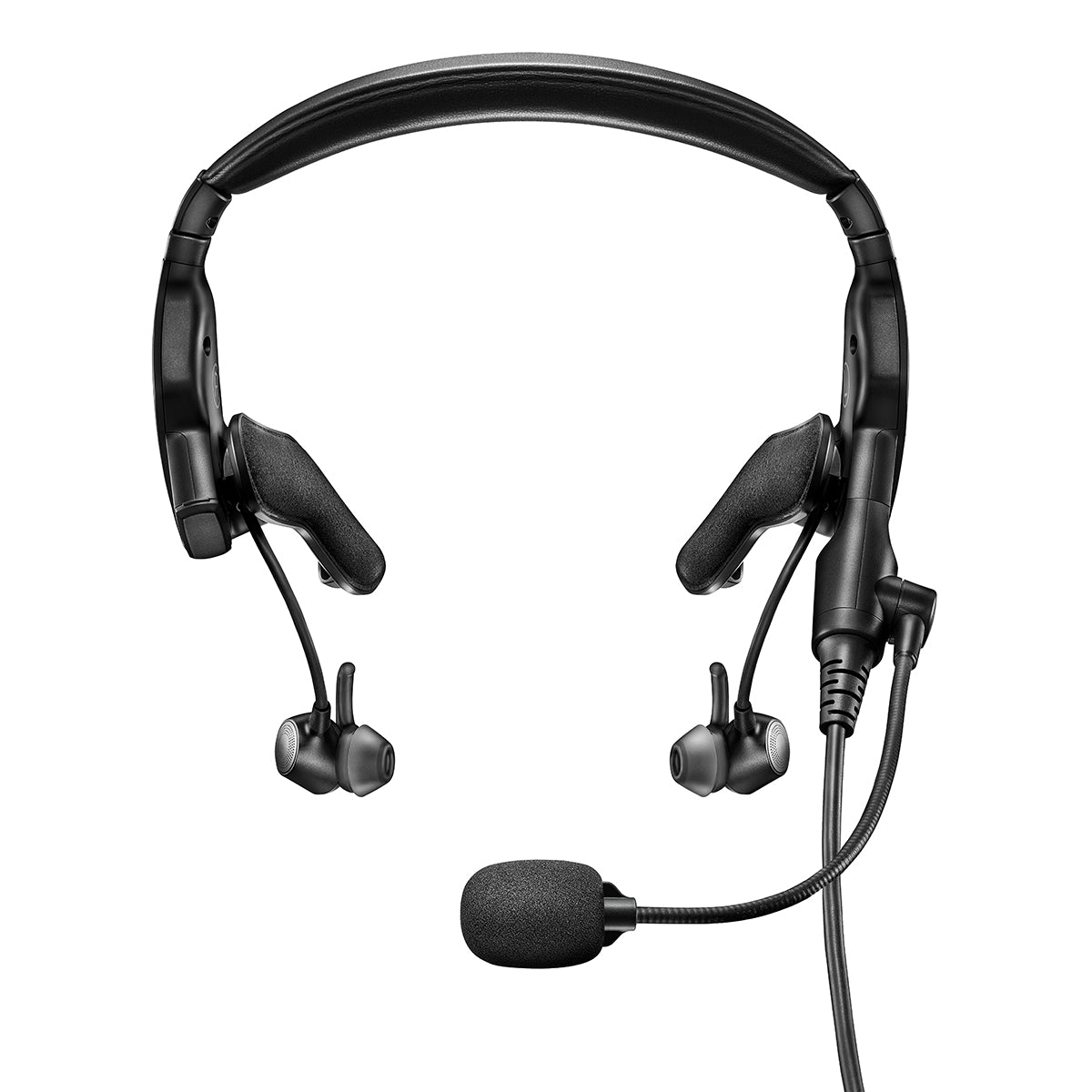 The Bose ProFlight Series 2 Aviation Headset with Bluetooth by BOSE is a black dual-ear headset that features an adjustable headband, fitted earpieces, an attached microphone with foam windscreen, active noise cancellation, and an integrated cable for seamless audio connectivity.