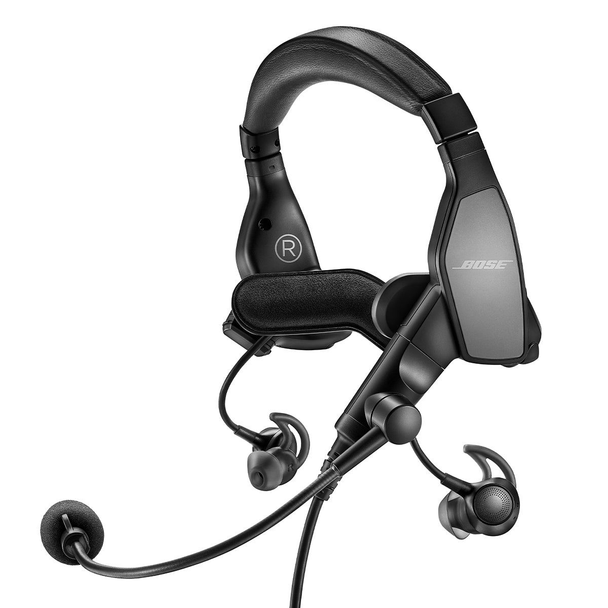 The Bose ProFlight Series 2 Aviation Headset with Bluetooth, in sleek black, features a padded headband, ear hooks, and a flexible boom mic. With active noise cancellation and the BOSE logo on its casing, it ensures comfort and clarity during flights.