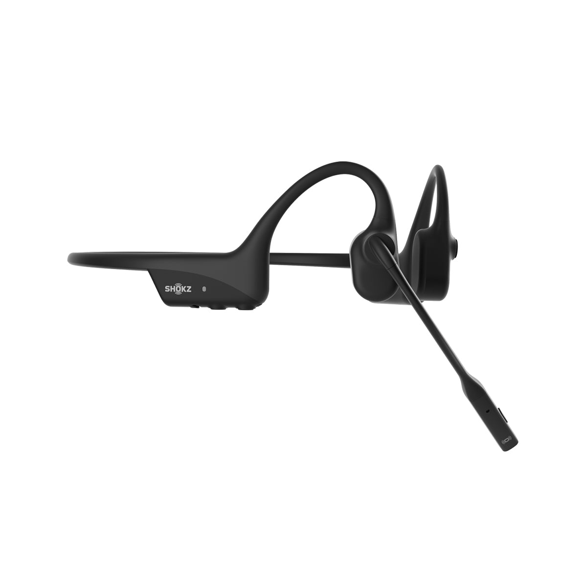 The Boeing Shokz OpenRun Pro 2 Headphones are black bone conduction headphones with a boom mic, designed for a secure fit in front of the ears and around the back of the head. 