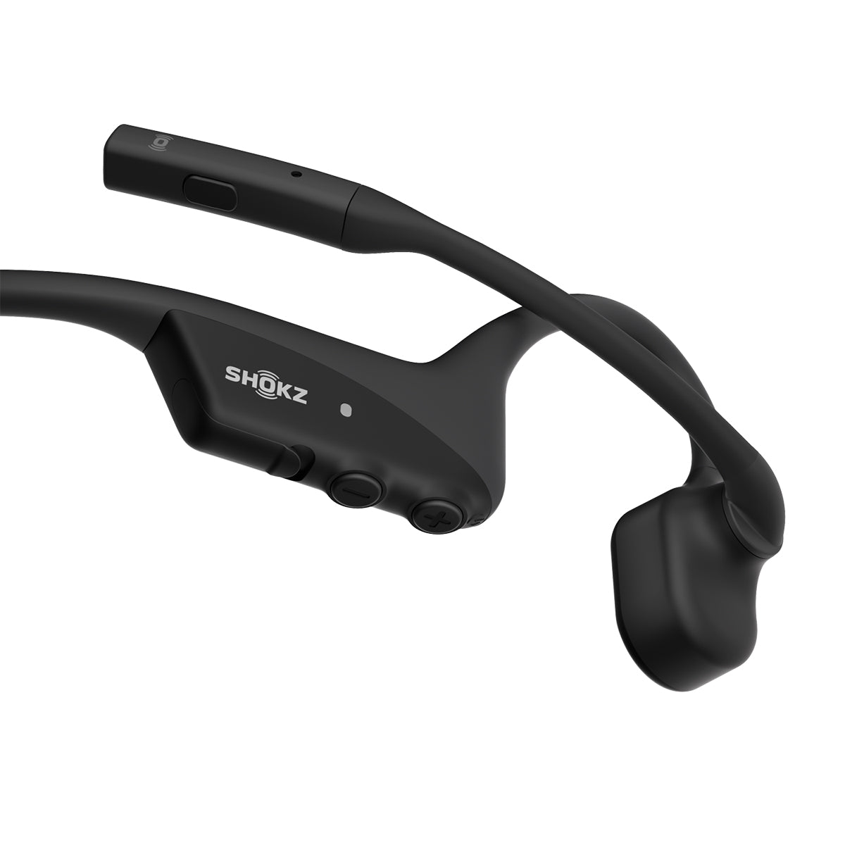 A close-up of Boeing Shokz OpenRun Pro 2 bone conduction headphones shows control buttons and the logo on the side, highlighting a secure fit ideal for active use.