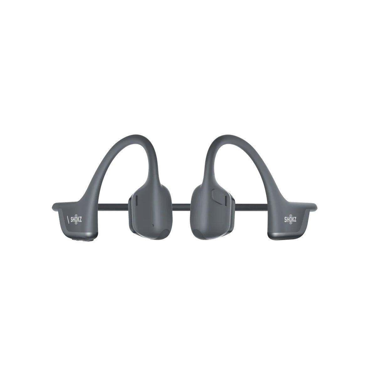 The Boeing Shokz OpenRun Pro 2 bone conduction headphones in gray feature a wraparound band for a secure fit, with Boeing branding on each earpiece.
