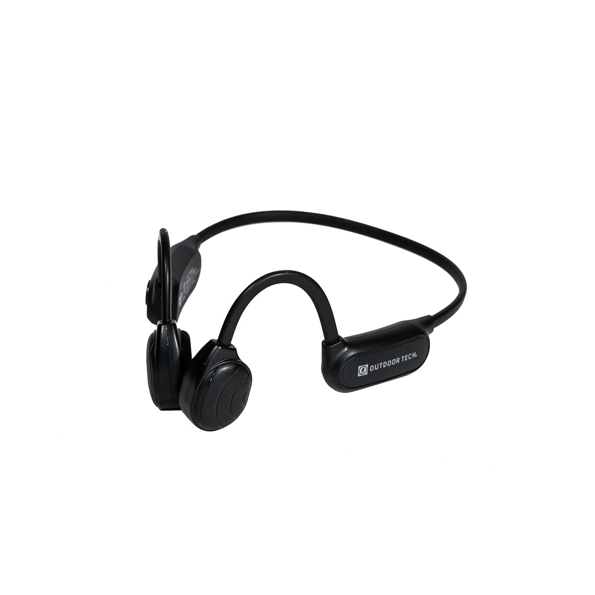 The BOEING Outdoor Tech Boeing Hawk Bone Conduction Headphones in black feature an open-ear design with a slim, flexible band and dual earpieces. The Outdoor Tech logo is visible on one side. Water and sweat proof, these headphones are displayed against a plain white background.
