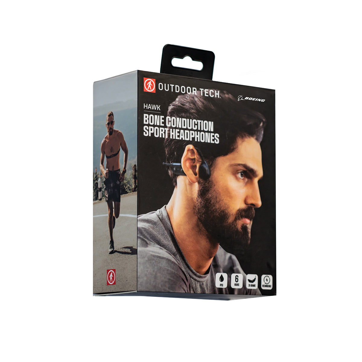 BOEING's Outdoor Tech Boeing Hawk Bone Conduction Headphones packaging features an image of a man wearing bone conduction headphones, with a runner in the background. The box highlights key product details and icons, including its IPX6 waterproof rating and open ear headphones design for safe outdoor listening.