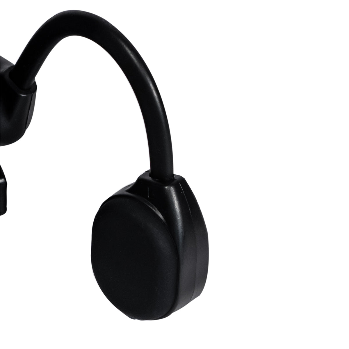Close-up of the BOEING Outdoor Tech Boeing Hawk Bone Conduction Headphones in black, featuring a curved headband and shown against a white background. Only one side and part of the headband are visible, emphasizing the sleek, modern design typical of open ear headphones.