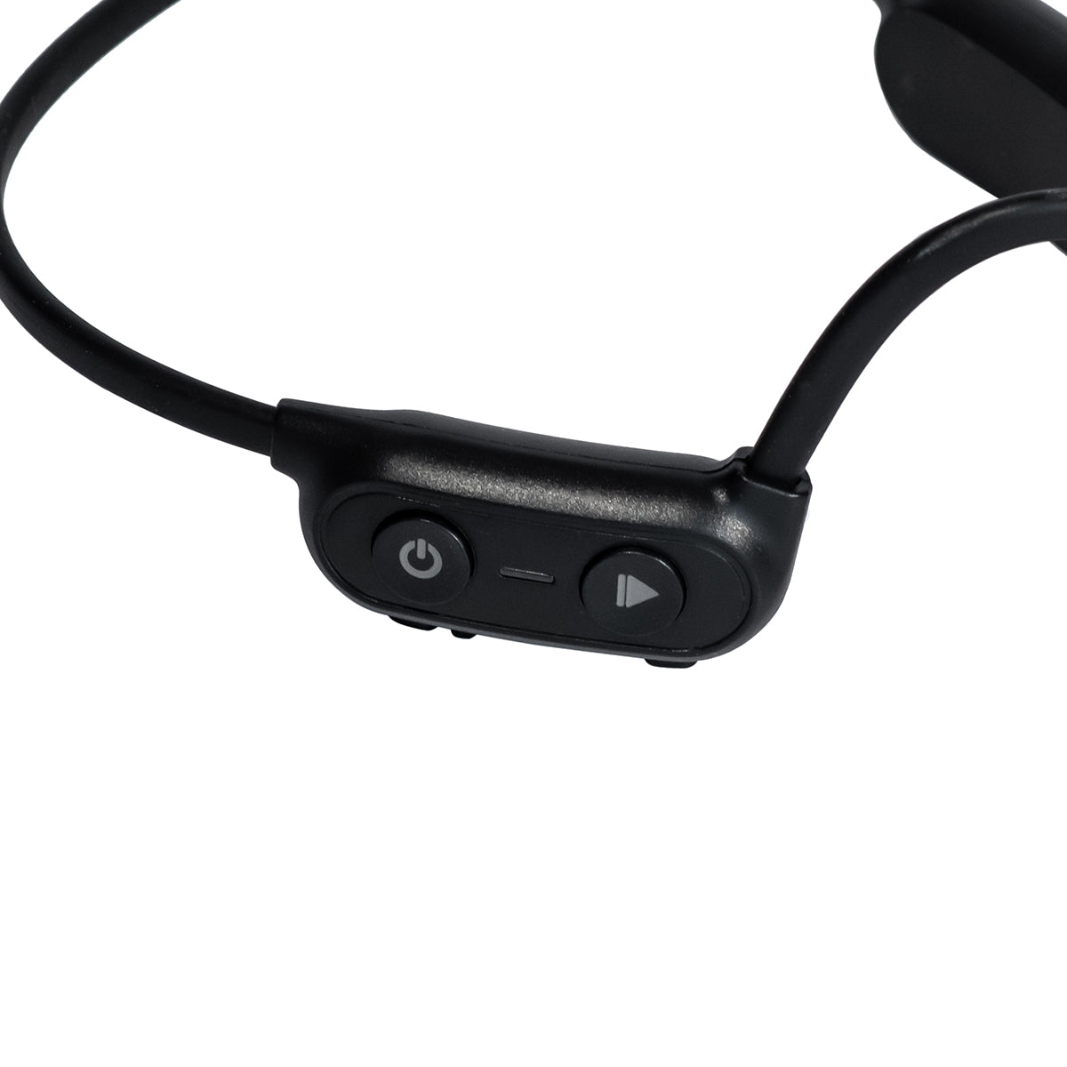 Close-up of the Outdoor Tech Boeing Hawk Bone Conduction Headphones by BOEING, featuring a black design with a visible control panel that includes a power button, a small circular button, and a play/pause button, all set against a white background. These open ear headphones provide comfort and convenience, while their IPX6 waterproof rating ensures durability in various conditions.