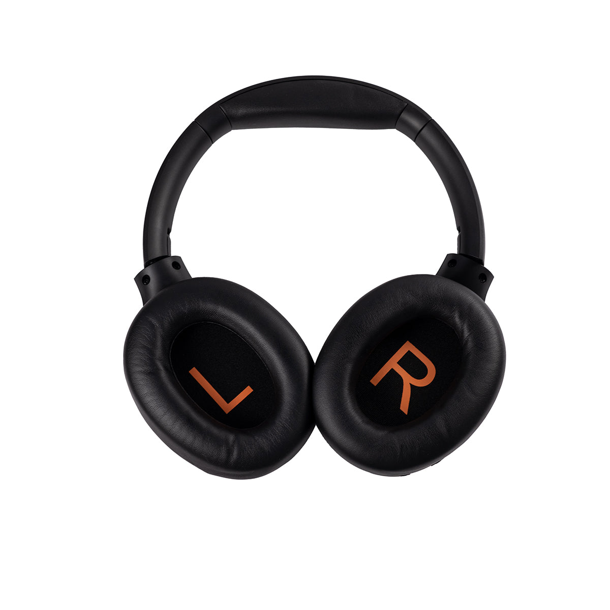 The BOEING Outdoor Tech Boeing Orbit ANC Headphones are black over-ear headphones with cushioned ear pads, active noise cancellation, and large orange L/R markings on the ears, shown against a white background.