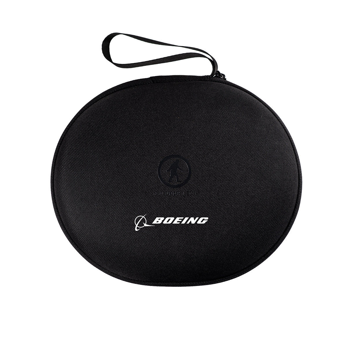 The BOEING Outdoor Tech Orbit ANC Headphones come in a round black zippered carrying case with a handle, featuring the Boeing logo and white text on the front—ideal for headphones with active noise cancellation or custom EQ.