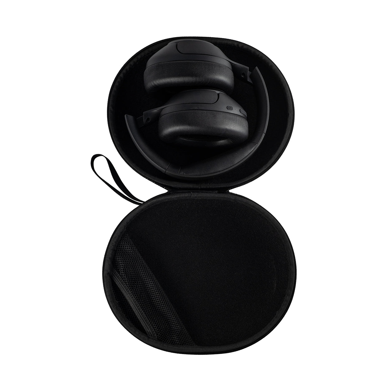 BOEING Outdoor Tech Boeing Orbit ANC Headphones, in black with active noise cancellation, are folded inside an open round carrying case featuring a zipper and inner mesh pocket. The black case is displayed open on a white background.