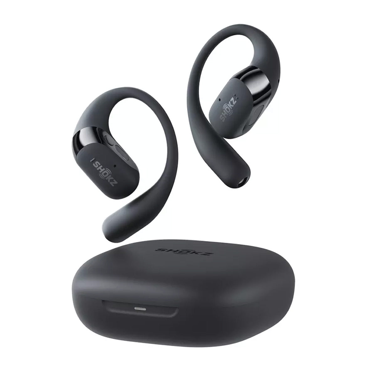 Two black BOEING Shokz OpenFit 2+ Earbuds with ear hooks are displayed above a matching black charging case on a white background, emphasizing their premium sound and stylish design.