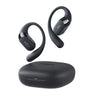 Two black BOEING Shokz OpenFit 2+ Earbuds with ear hooks are displayed above a matching black charging case on a white background, emphasizing their premium sound and stylish design.