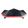 The BOEING Outdoor Tech Rugged Range Speaker is a black, angular device with red LED lighting at the base and the Boeing logo on the left. Its design, inspired by wireless routers, features top-center buttons and indicator icons for a sleek, modern look.