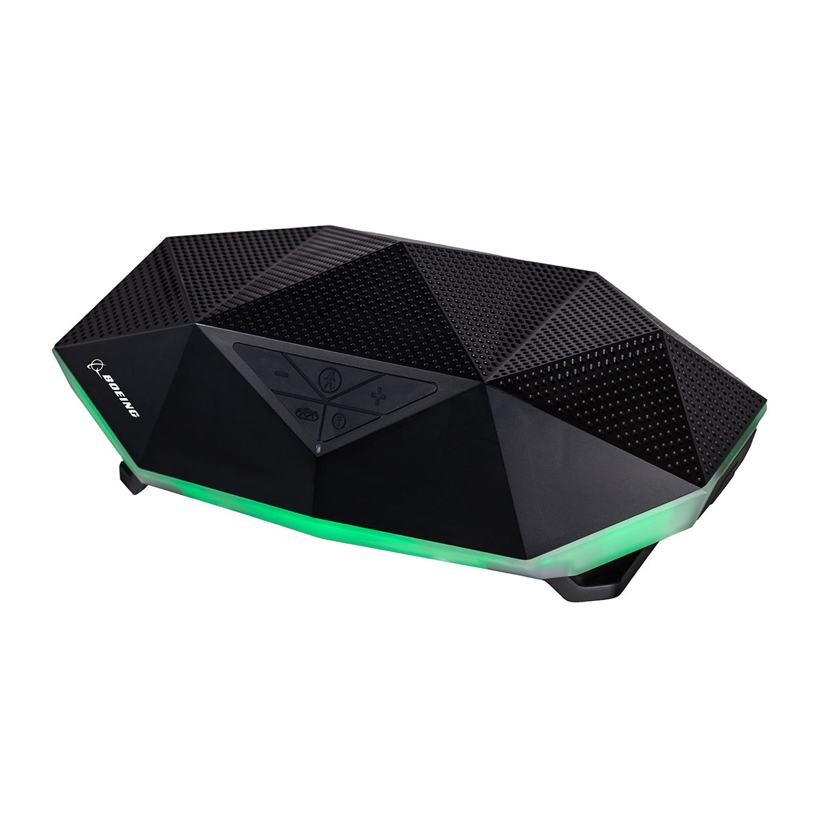 The BOEING Outdoor Tech Boeing Rugged Range Speaker is a black, geometric Bluetooth speaker with top control buttons, green LED lighting along the bottom edge, and 360° sound, shown isolated on a white background.