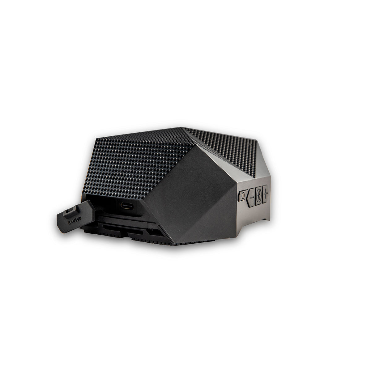 The BOEING Outdoor Tech Boeing Turtle Shell 4.0 is a black, geometric Bluetooth speaker with a textured top, USB port, side control buttons, and a small front cover open. This waterproof speaker is shown isolated on a white background.