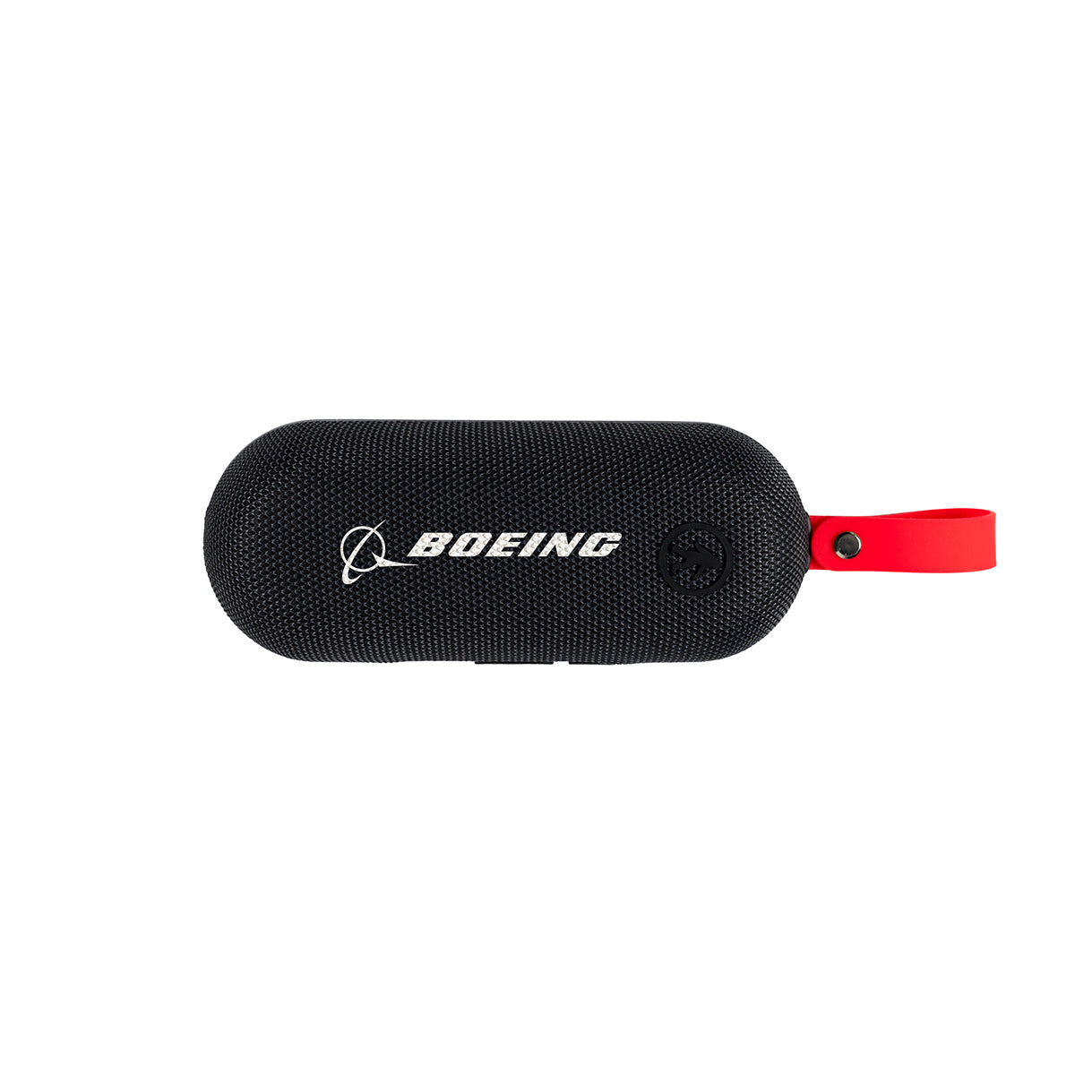 The BOEING Outdoor Tech Bolt Wireless Speaker is a black, oval-shaped Bluetooth waterproof speaker with a red carrying strap on the right and the Boeing logo printed in white on the front.