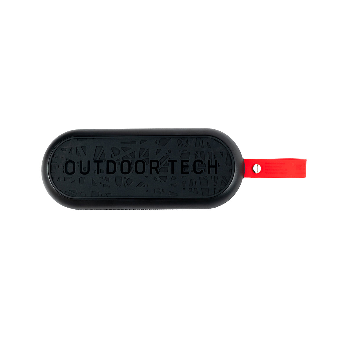 The Outdoor Tech Boeing Bolt Wireless Speaker by BOEING is a black, oval-shaped, waterproof portable Bluetooth speaker with OUTDOOR TECH embossed on the front and a small red strap for easy carrying—ideal for any adventure.