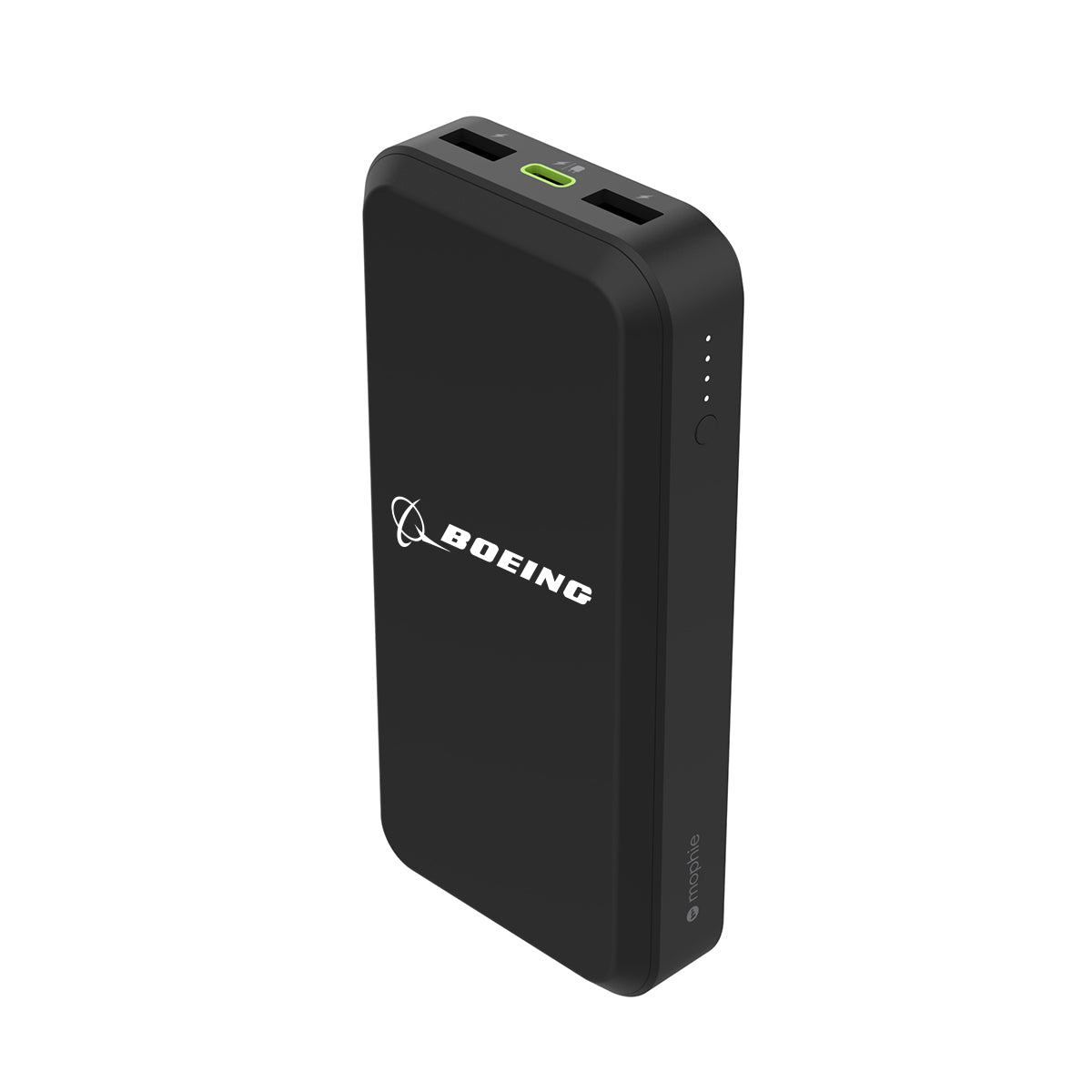 The Boeing Store offers the Mophie Boeing Powerstation XXL Power Bank, a sleek black device with two top USB ports and four LED battery indicators. It features an impressive 20,000mAh capacity to keep your devices charged on-the-go.