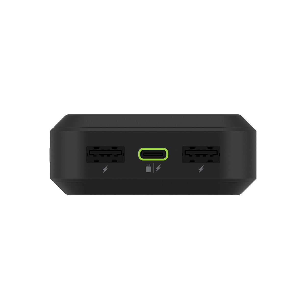 The Boeing Stores Mophie Boeing Powerstation XXL Power Bank, in sleek black, boasts a 20,000mAh capacity. Central is a green-highlighted USB-C port flanked by two USB-A ports on each side with lightning bolt symbols, indicating charging capability.