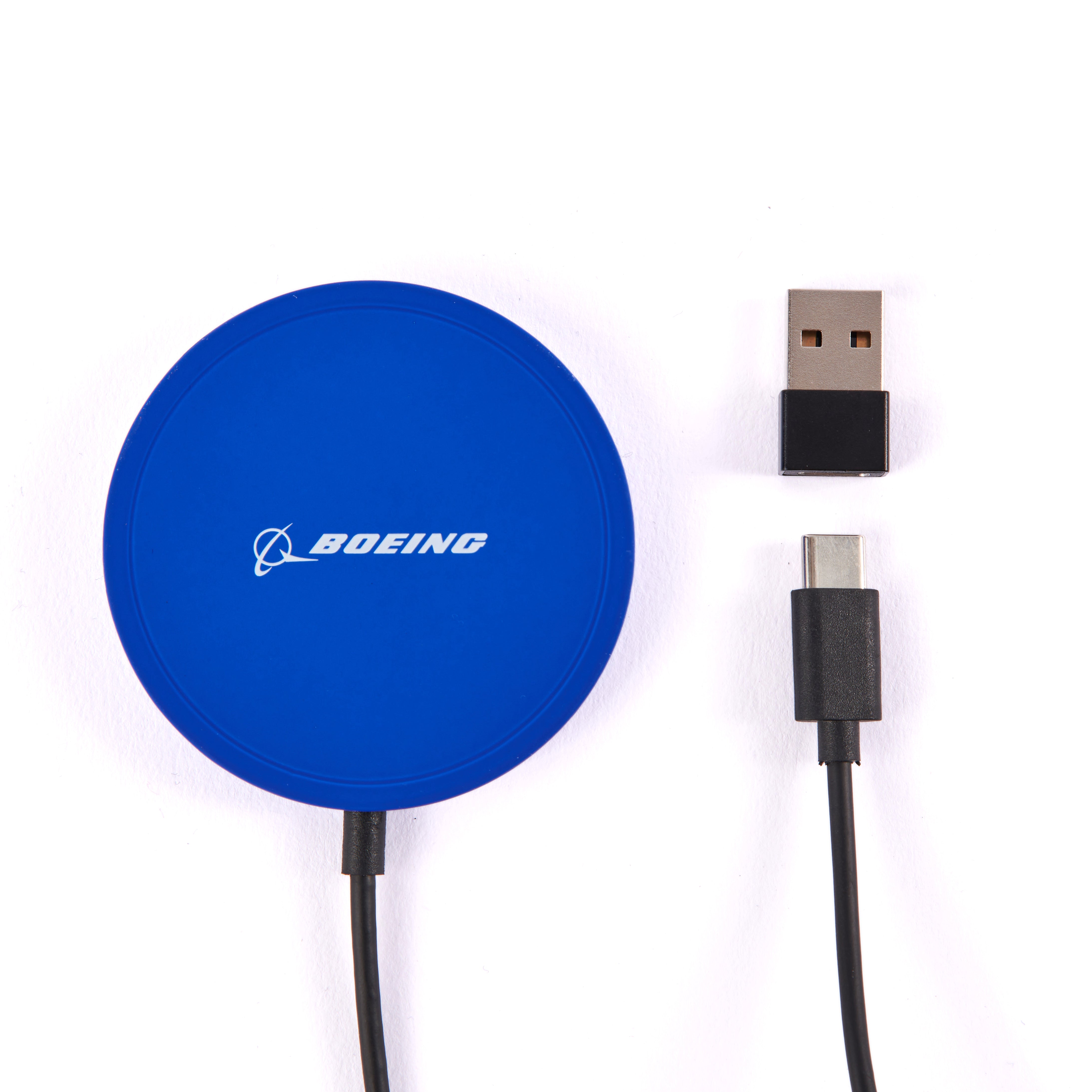 A blue Boeing Wireless Magnetic Charger from The Boeing Store, featuring the iconic logo, is shown alongside two detachable USB cables (USB-A and USB-C), providing a fast and secure charge with multi-protection features.