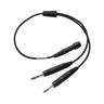 The Bose 6-Pin LEMO to Dual Plug Adapter from BOSE is a Y-shaped audio cable with dual G/A plugs. It features two black male jacks converging into a single female connector and is slightly coiled for flexibility, ideal for aviation headsets.