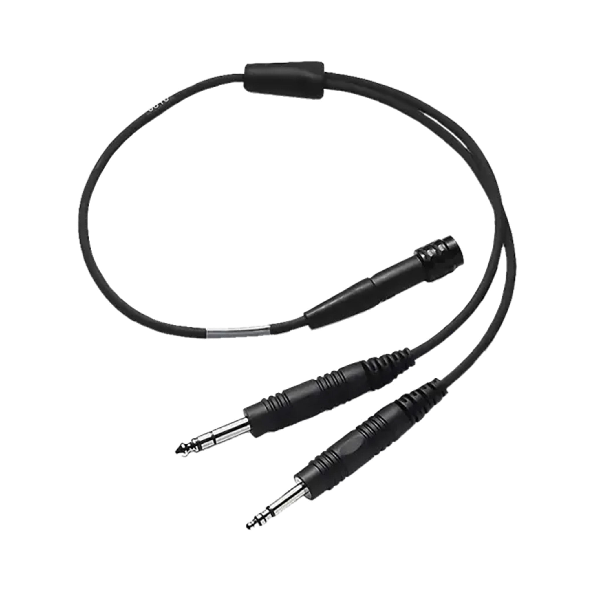 The Bose 6-Pin LEMO to Dual Plug Adapter from BOSE is a Y-shaped audio cable with dual G/A plugs. It features two black male jacks converging into a single female connector and is slightly coiled for flexibility, ideal for aviation headsets.