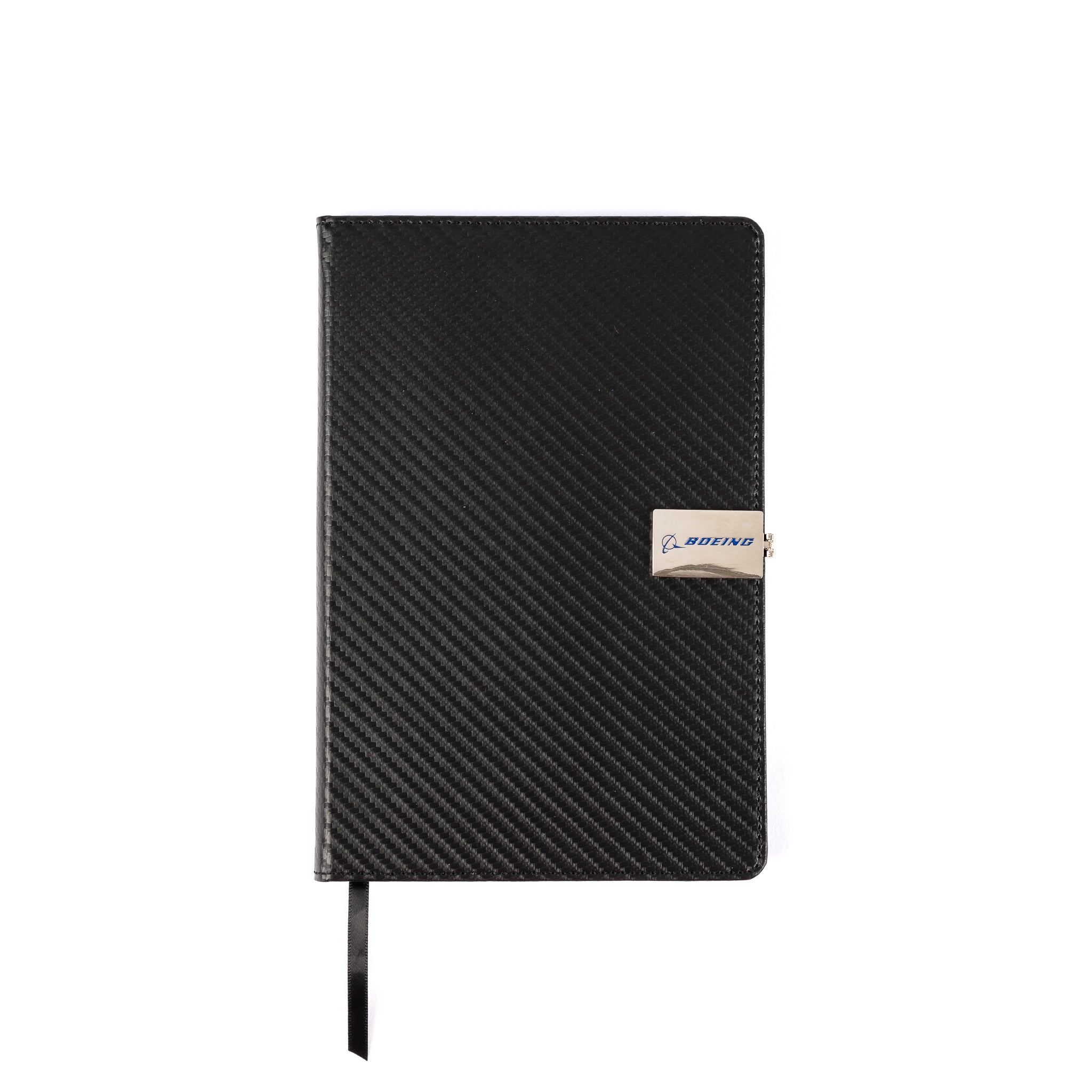 The Boeing Stores Boeing Carbon Fiber Notebook features a black PU hardcover with a carbon fiber-like texture and a small metallic plate with blue text near the right edge. It includes 100 GSM wood-free paper and a black ribbon bookmark extending from the bottom.