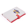 Rosie we can do it quote overlay on navy blue B-17 printed on a white center front cover. Red button closure strap. Red with white polka dots on back cover.