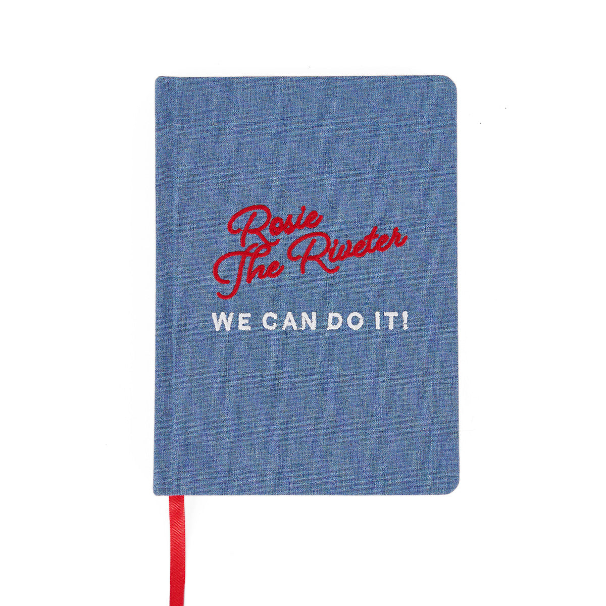 The BOEING Rosie Notebook features a blue denim embroidered cover with Rosie The Riveter in red script, WE CAN DO IT! in bold white, and a red ribbon bookmark for added style.