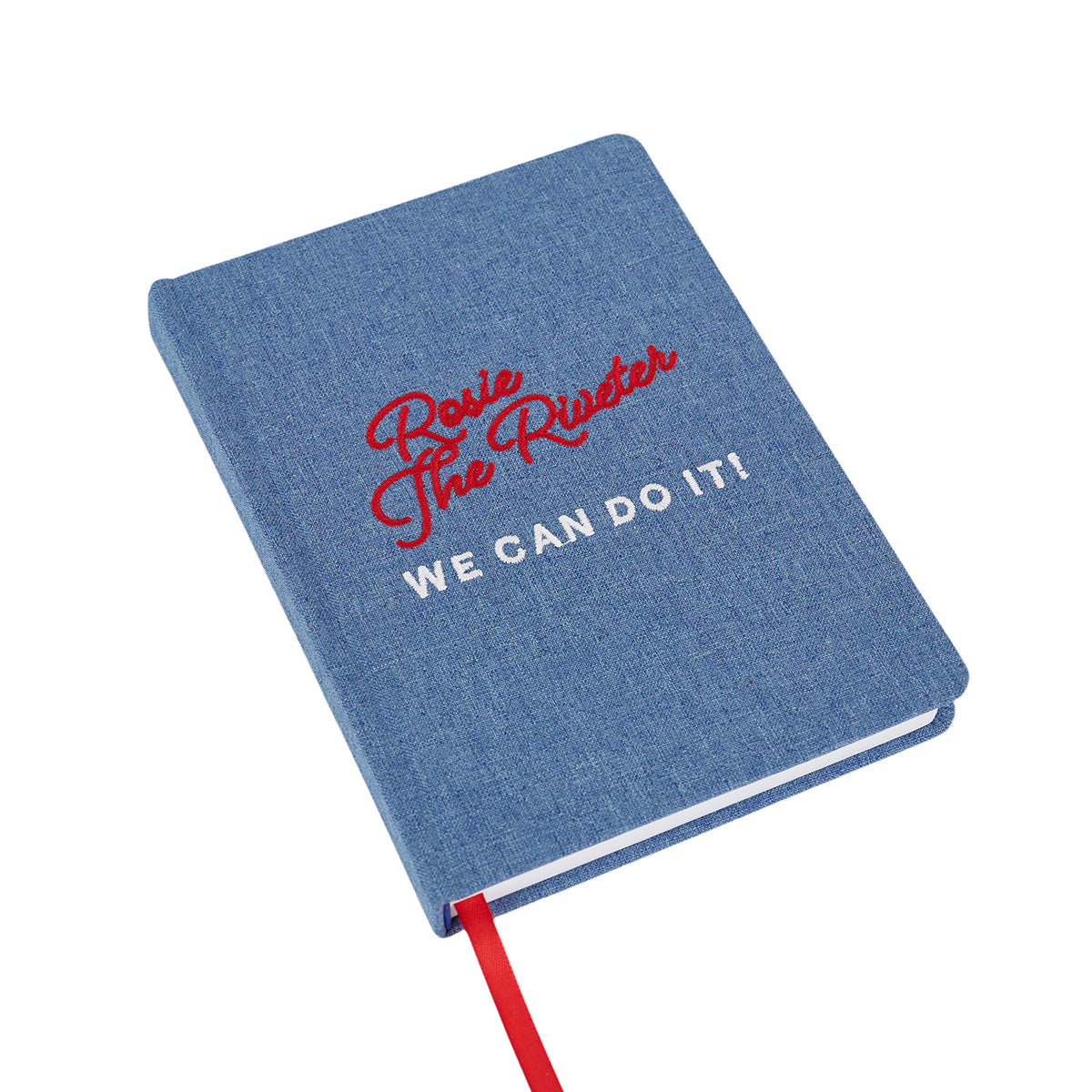 Meet the Boeing Rosie Notebook by BOEING—a blue denim notebook with “Rosie The Riveter” in red cursive, “WE CAN DO IT!” in white, plus a red ribbon bookmark—perfect for your inspiring notes.