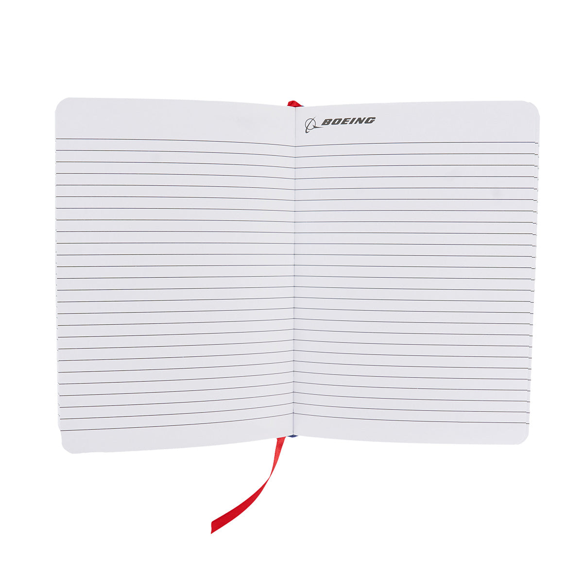 The Boeing Rosie Notebook by BOEING features an open lined layout, an embroidered cover, BOEING and logo at the top right of each right page, and a red ribbon bookmark down the center.