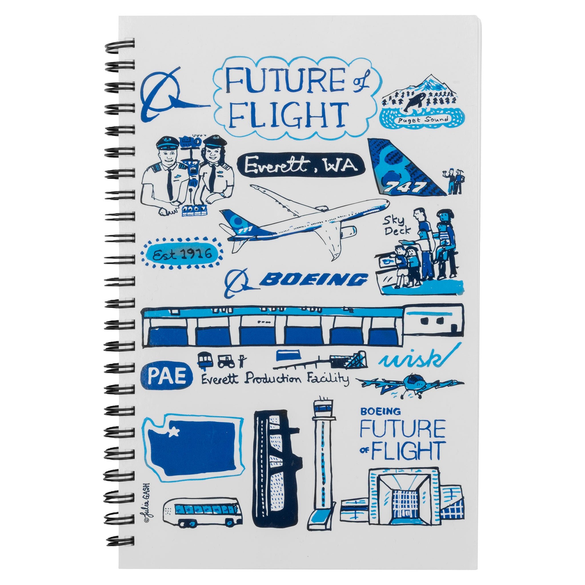 The Boeing Future Of Flight Destination Notebook by BOEING features a Julia Gash cover with blue artwork of airplanes, pilots, Everett’s control tower, a Washington state map, and iconic phrases celebrating Everett, WA.