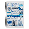 The Boeing Future Of Flight Destination Notebook by BOEING features a Julia Gash cover with blue artwork of airplanes, pilots, Everett’s control tower, a Washington state map, and iconic phrases celebrating Everett, WA.