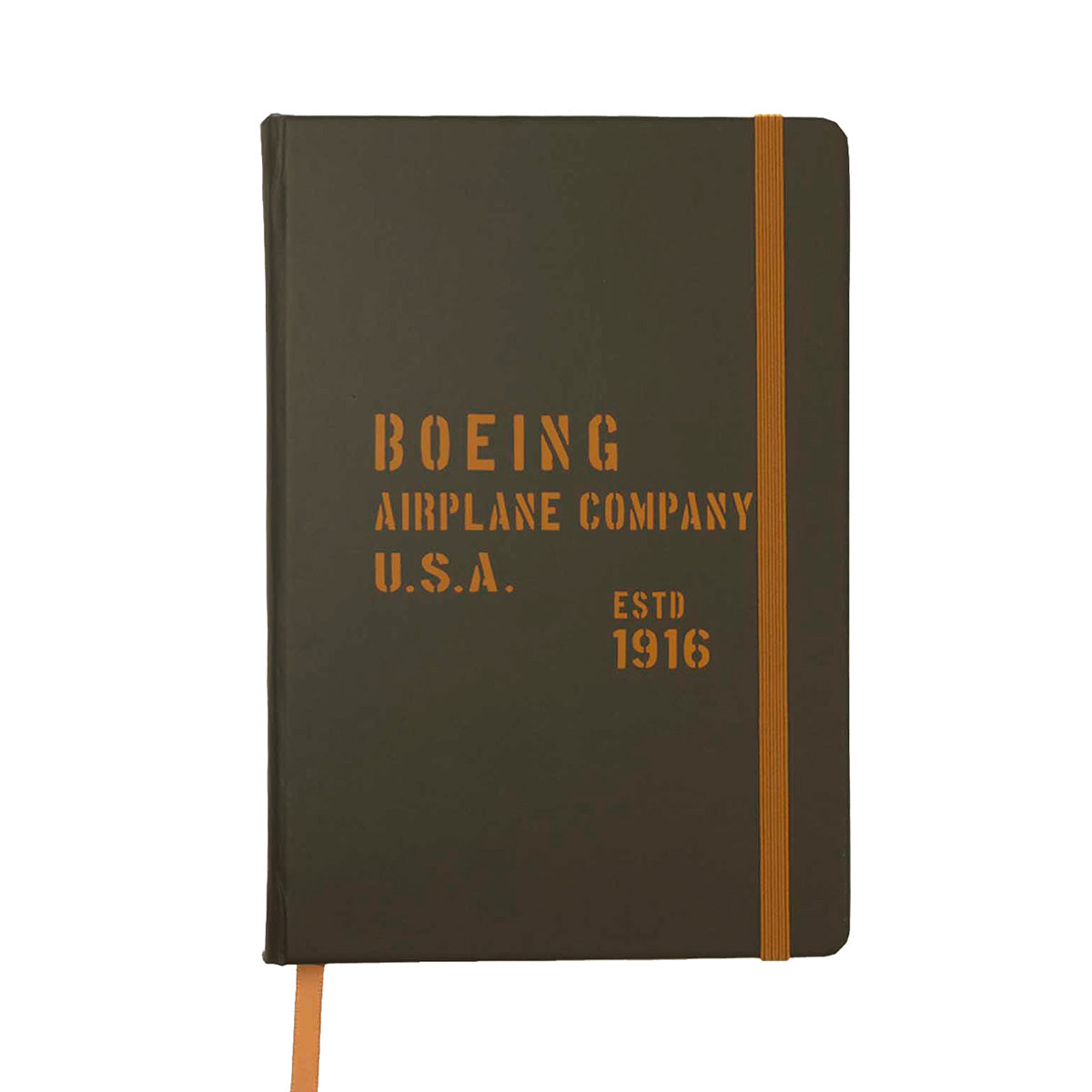 The Boeing Heritage Airplane Company Notebook by BOEING features dark green covers, ruled pages, an orange elastic band, and “Boeing Airplane Company U.S.A. ESTD 1916” printed in orange.